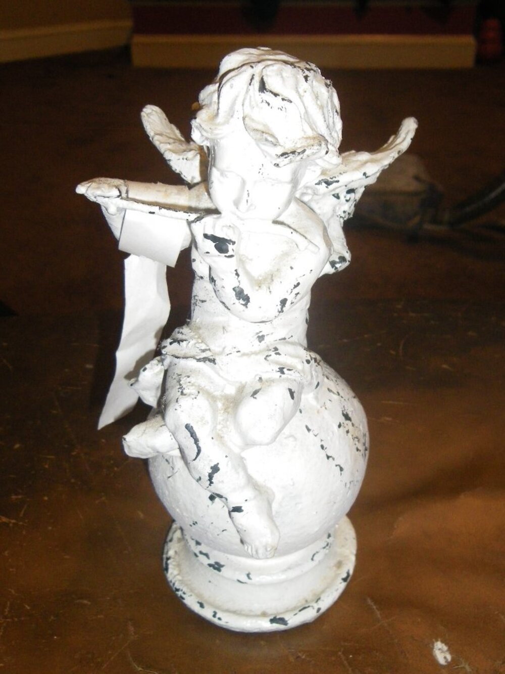 Vintage Cast Iron Heavy Garden Sculpture Décor Cherub Playing Flute Nice Patina!